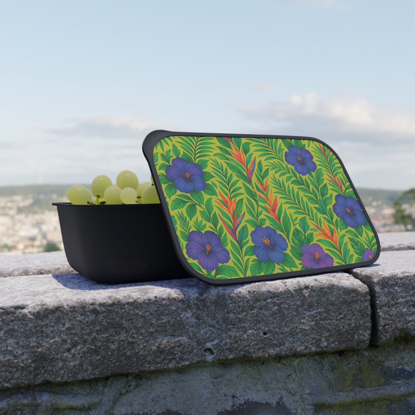 Bento Box with Utensils - Midnight Flower Lime