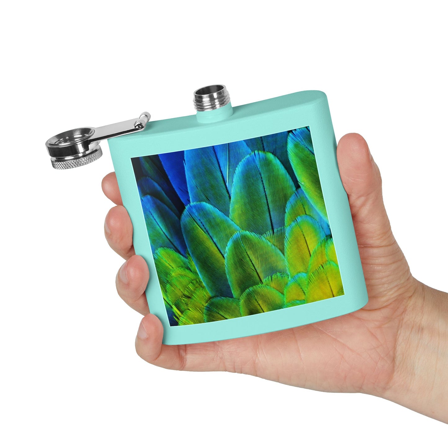 Tropical Stainless Steel 6 oz. Flask, Many Colors  – Shimmering Peacock Plumes