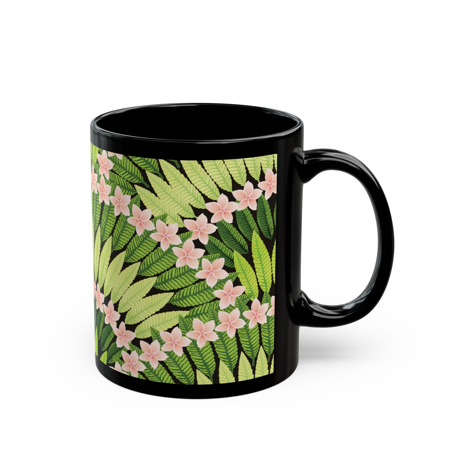 Black Mug (11oz, 15oz), Plumeria and Palms, Lime