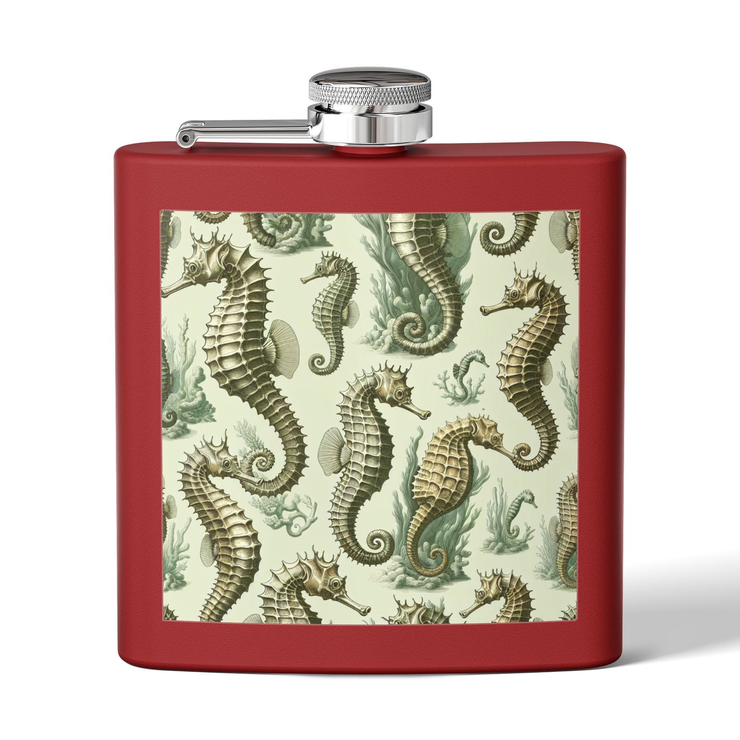 Tropical Stainless Steel 6 oz. Flask, Many Colors  – Green Toile Seahorses