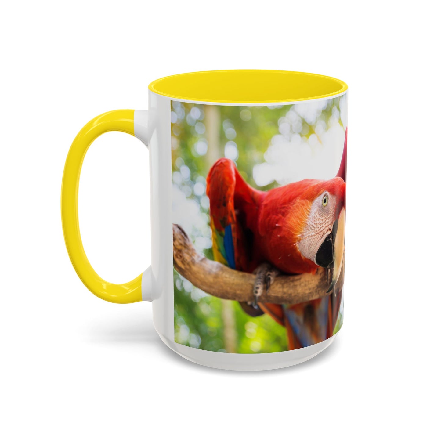 Accent Coffee Mug (11, 15oz), "I Run on Caffeine and Drama!" Parrot / Various Colors