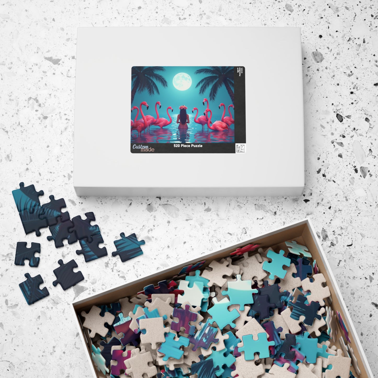 Moonlit Mermaid and Flamingos Troical Puzzle, 4 Sizes - Relaxing Jigsaw for Island Vibes