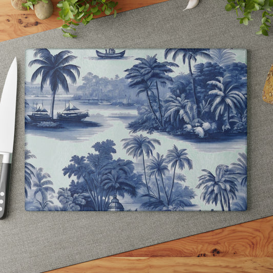 Glass Cutting Board, 2 sizes - Tropical Toile #2, blue