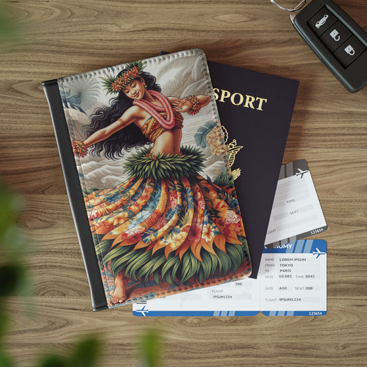 Tropical Passport Cover, Faux Leather - RFID blocking for travel security / Hawaiian Dancer Tiki