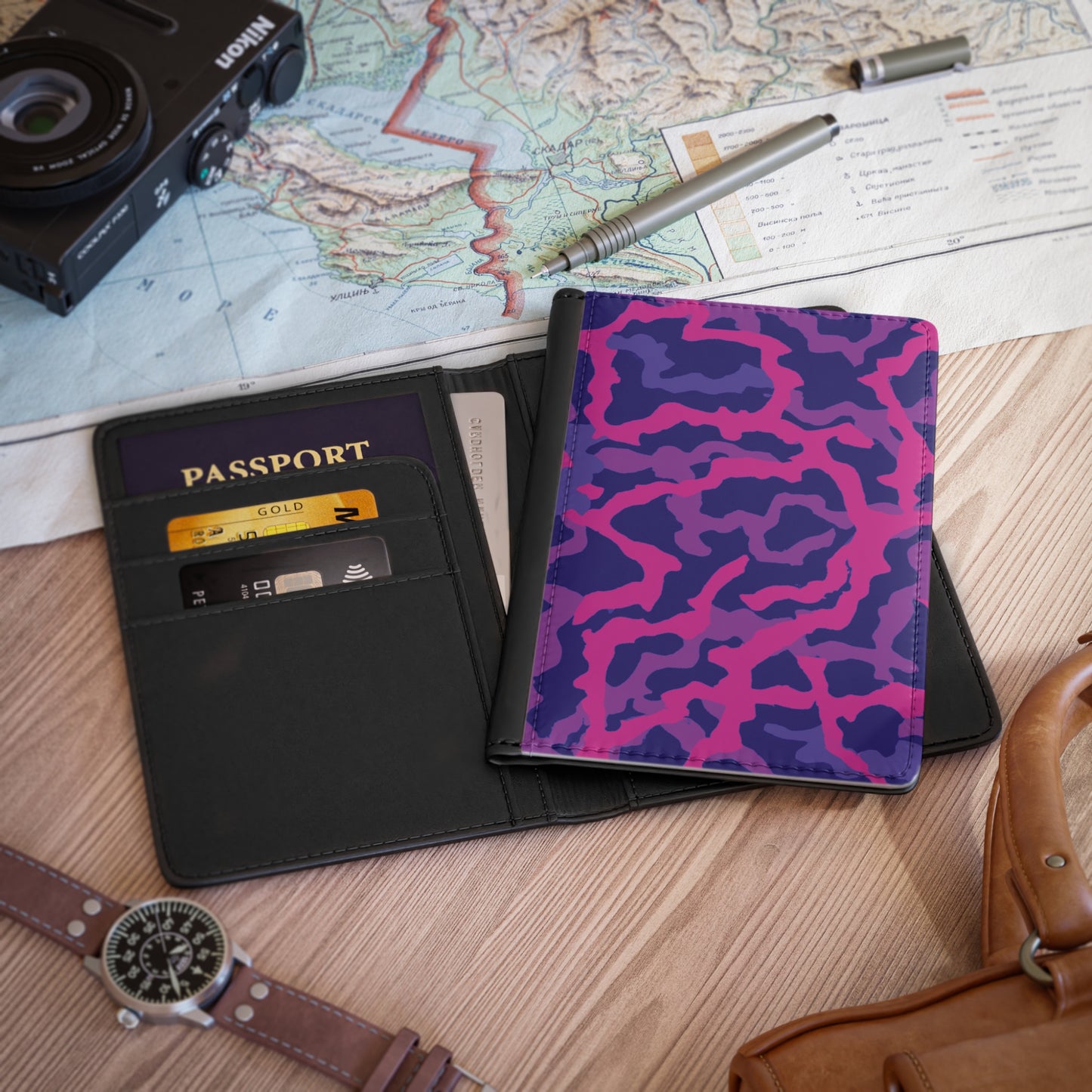 Tropical Passport Cover, Faux Leather - RFID blocking for travel security / Coral Threads, Heatwave