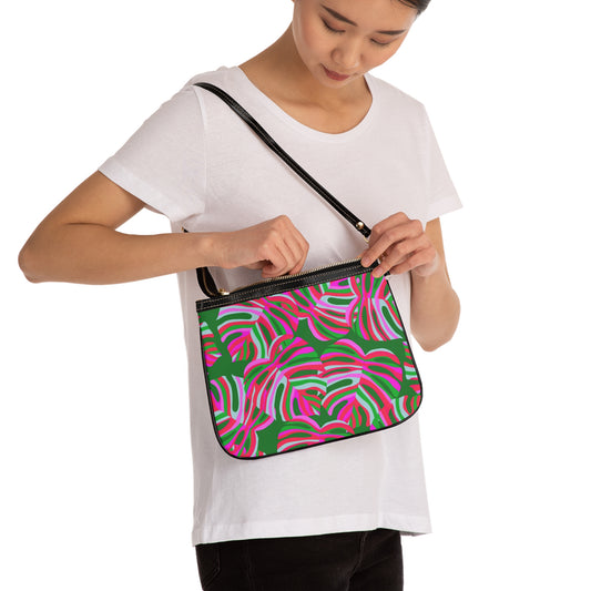 Tropical Small Shoulder Bag | Stylish Crossbody Purse / Monstera Pink Pop