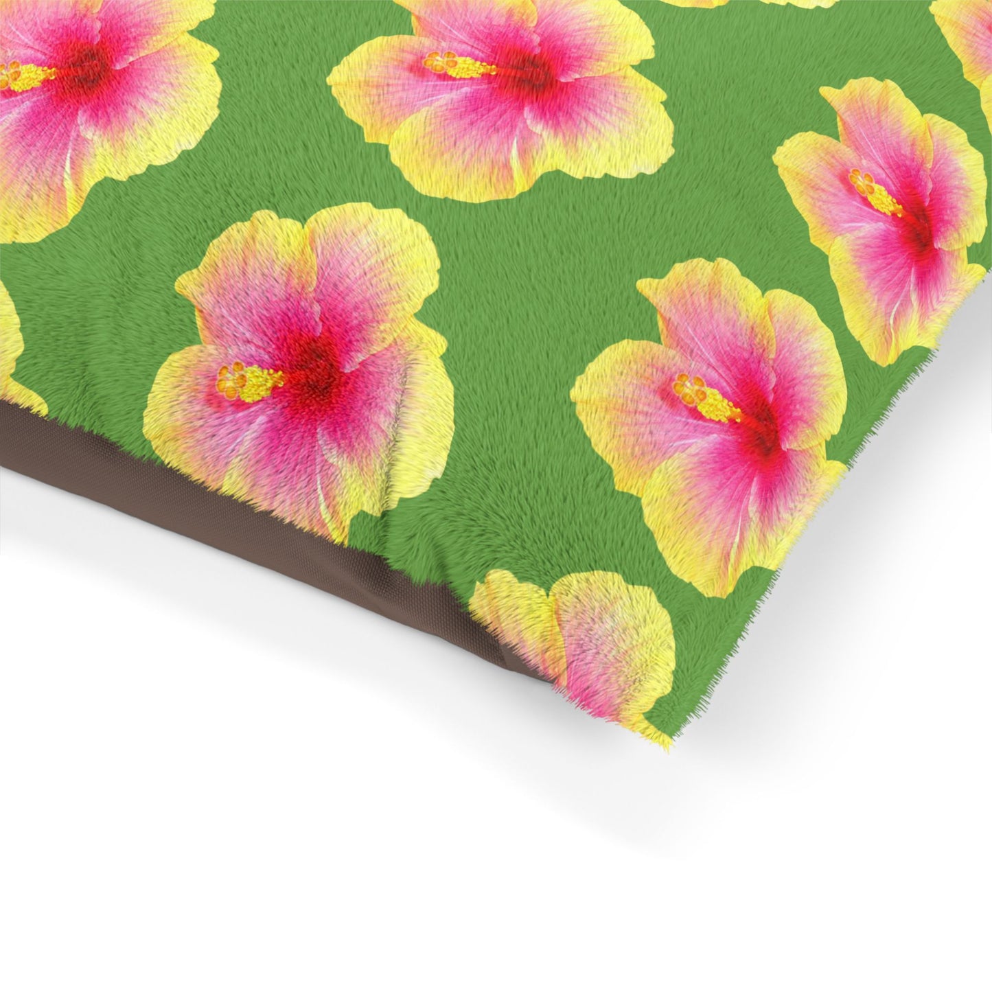 Pet Bed - Cozy and Fun Dog or Cat Bed for Beach Lovers / Real Yellow & Pink Hibiscus/Lt. Green