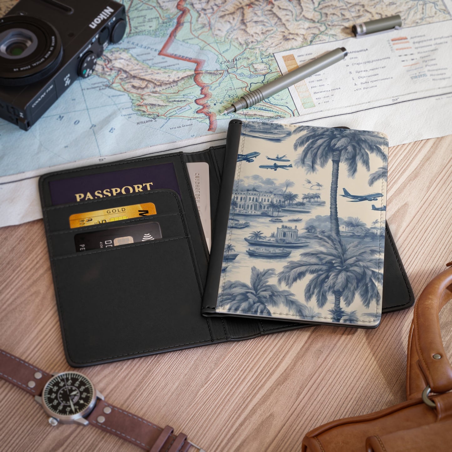 Tropical Passport Cover, Faux Leather - RFID blocking for travel security / Travel Toile, Blue