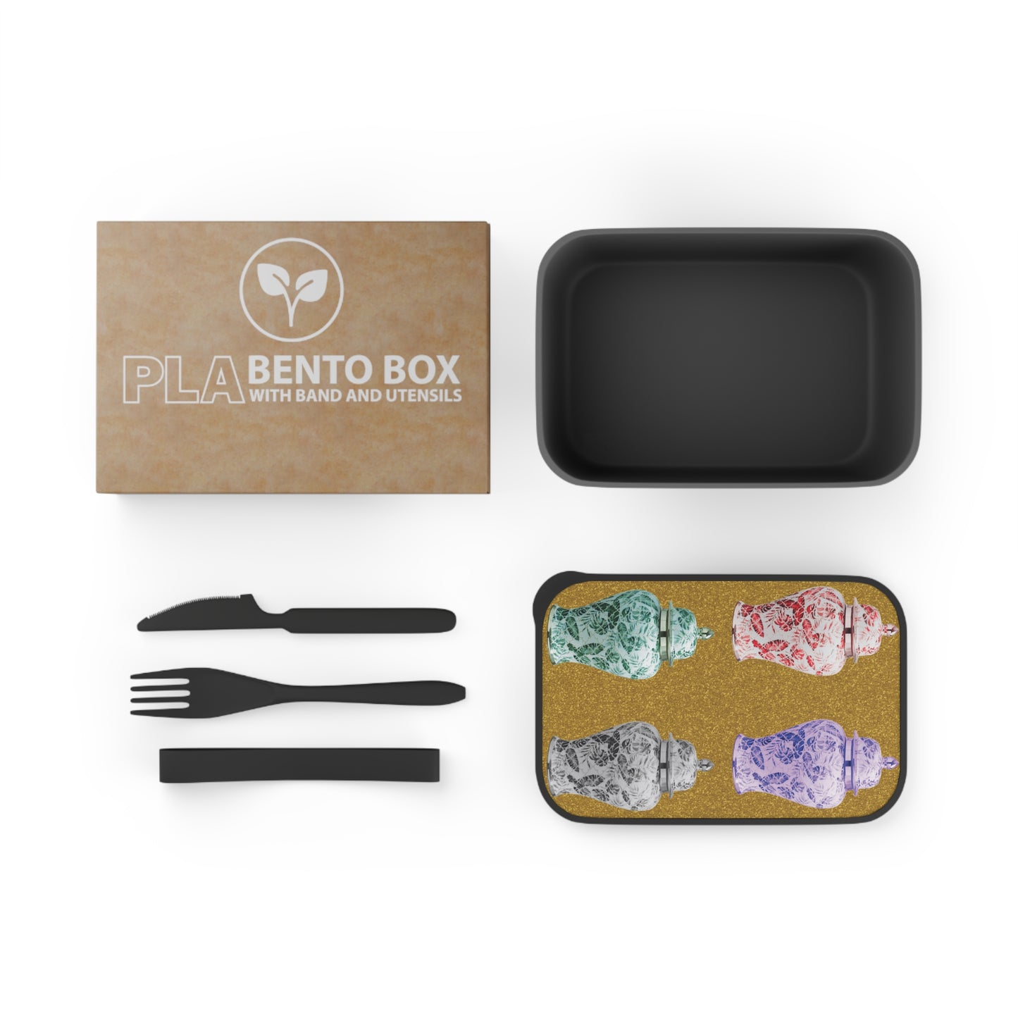 Bento Box with Utensils - Tropical Ginger Jars, gold