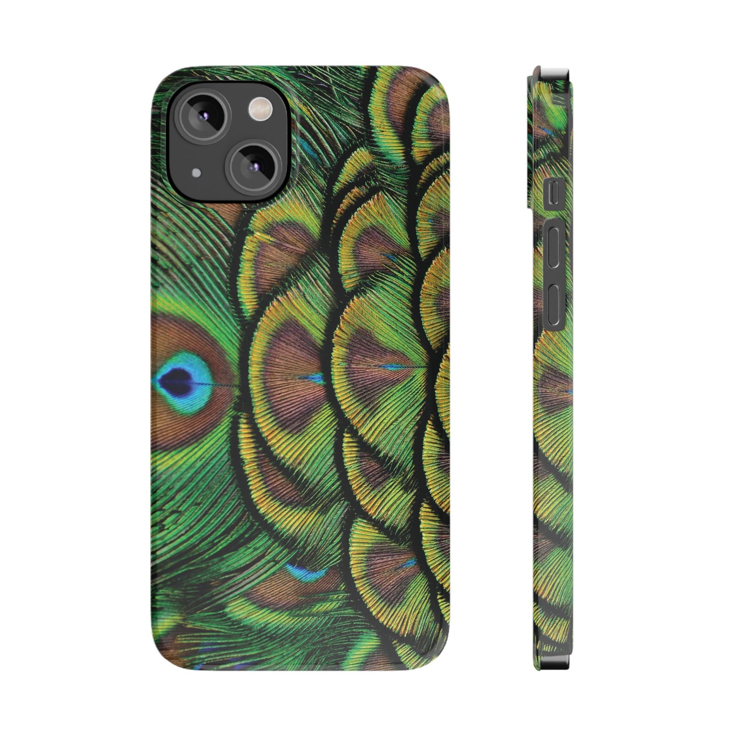 Slim Phone Cases - Brilliant Green Peacock Feathers