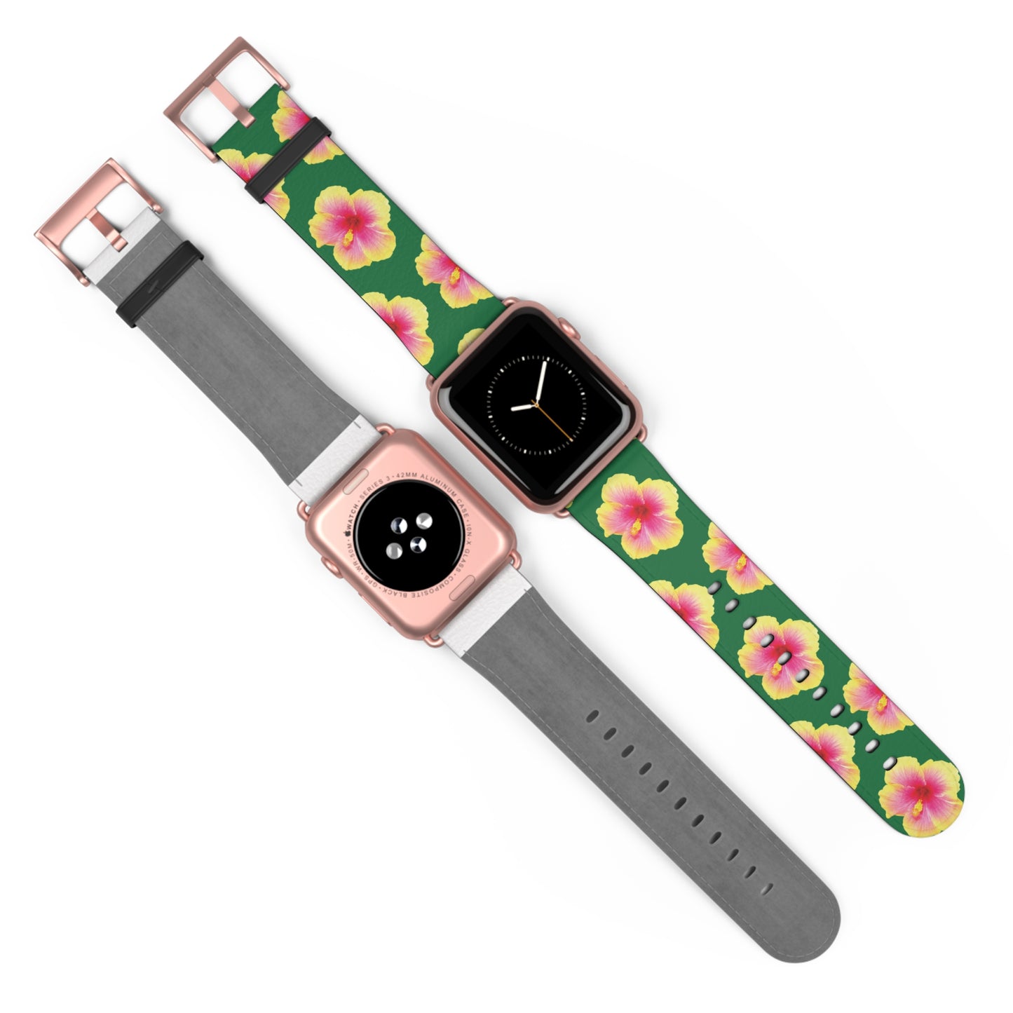 Apple Watch Band - REAL Yellow/Orange Hibiscus Flower, Dark Green