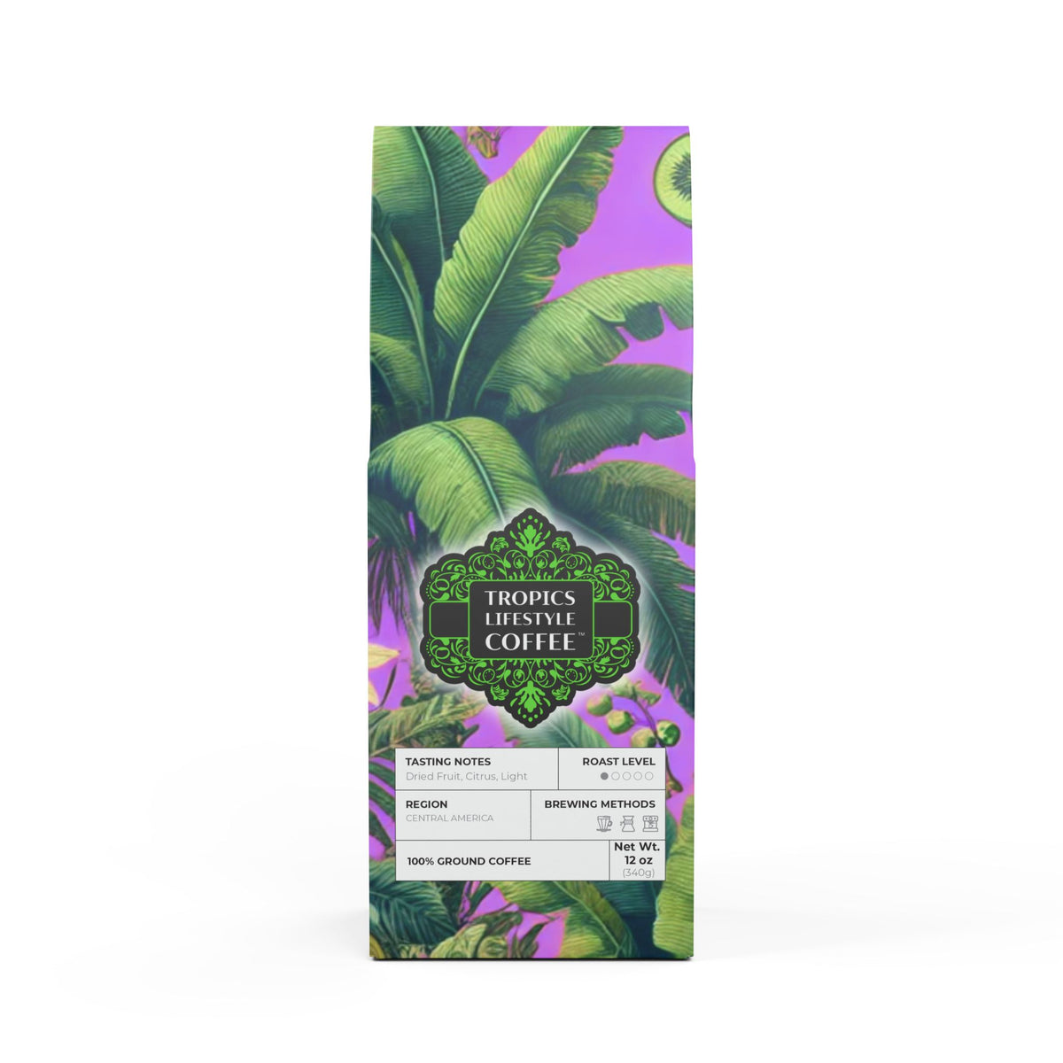 Beach Sunrise Blend™ (Light Roast) Specialty Grade Craft Coffee / Palms and More Tropical Fruit, Lilac
