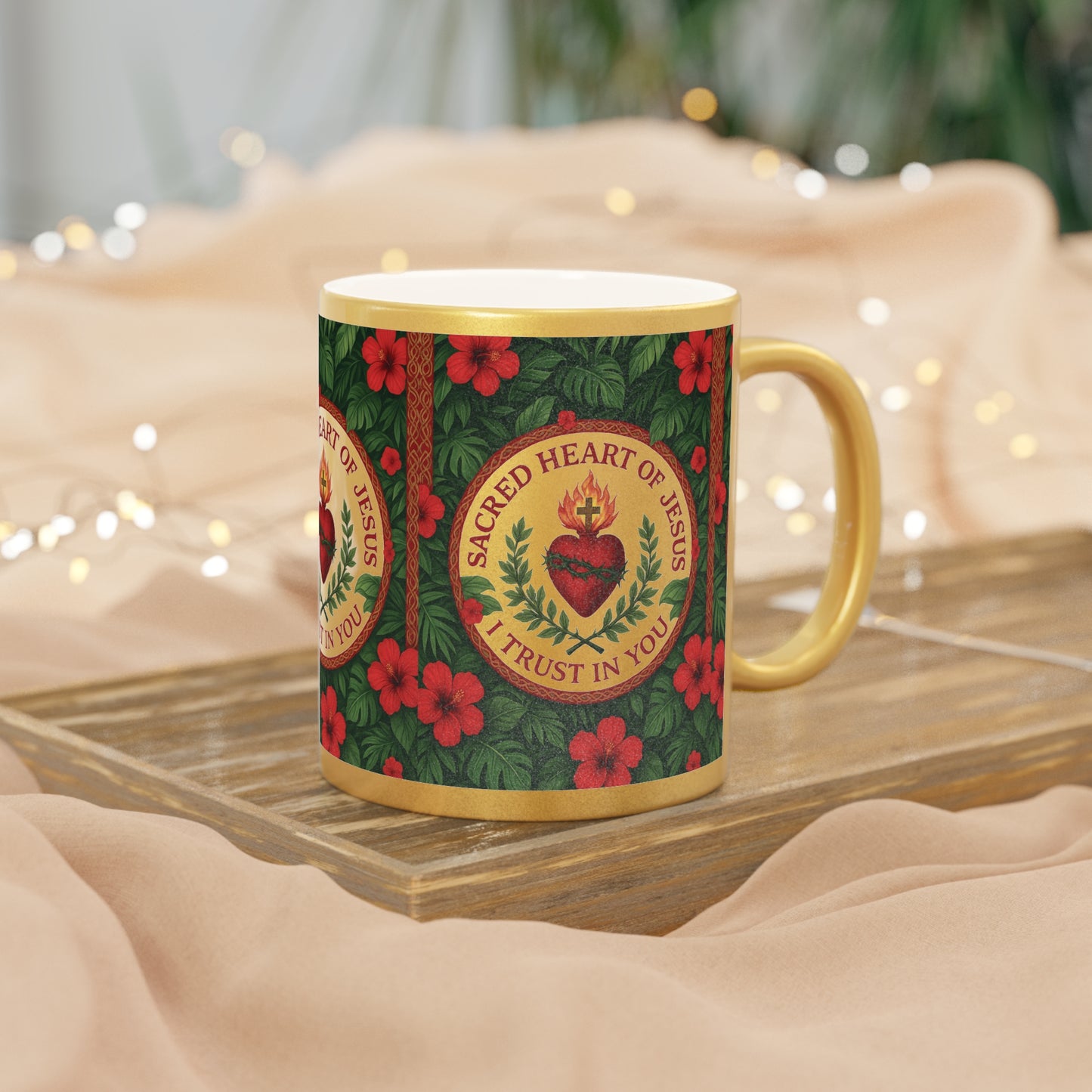 Religious Tropical Metallic Mug, Gold or Silver - Sacred Heart of Jesus Prayer