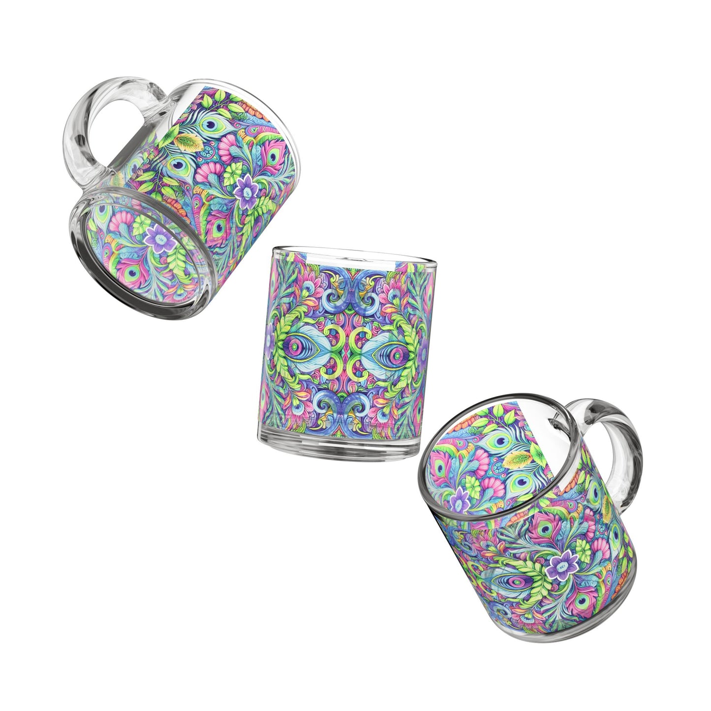 Tropical Glass Mug - 10oz Coffee Cup / Peacock Prism Kaleido