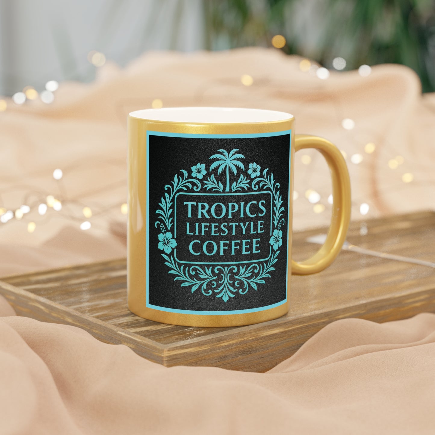 Tropical Metallic Mug, Gold or Silver - Tropics Lifestyle Coffee, Black/Turquoise Logo