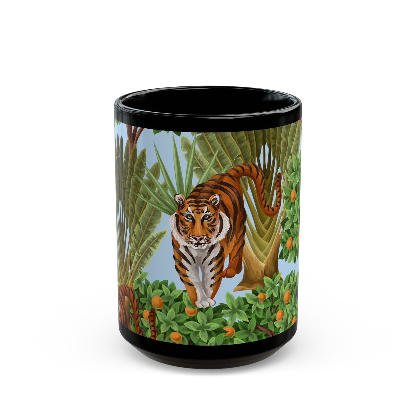 Black Coffee Mug, Tiger Haven Toile, Blue