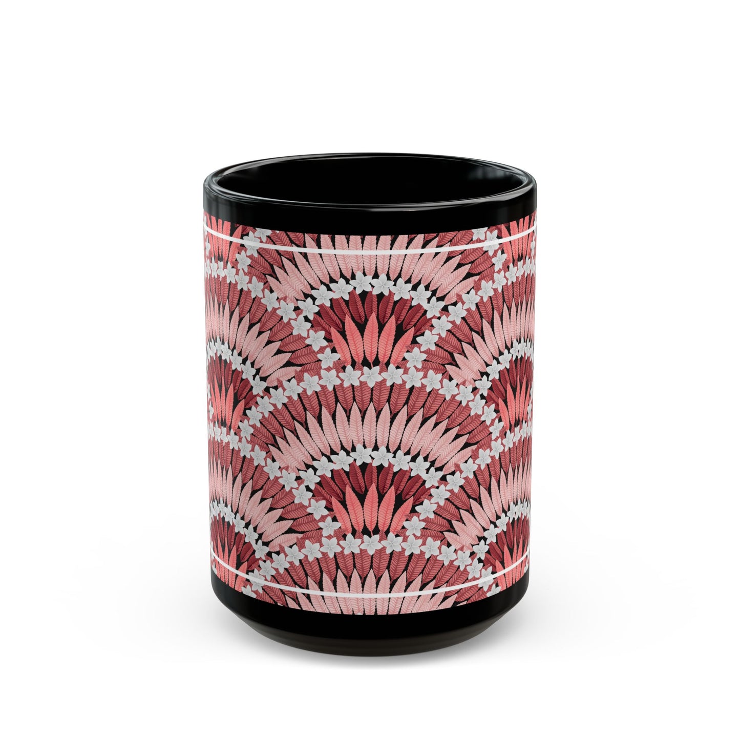 Red Plumeria and Palms Black Coffee Mug