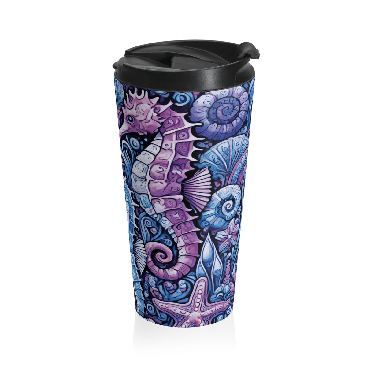 15 oz. Stainless Steel Travel Mug / Seahorse Trio, Blue