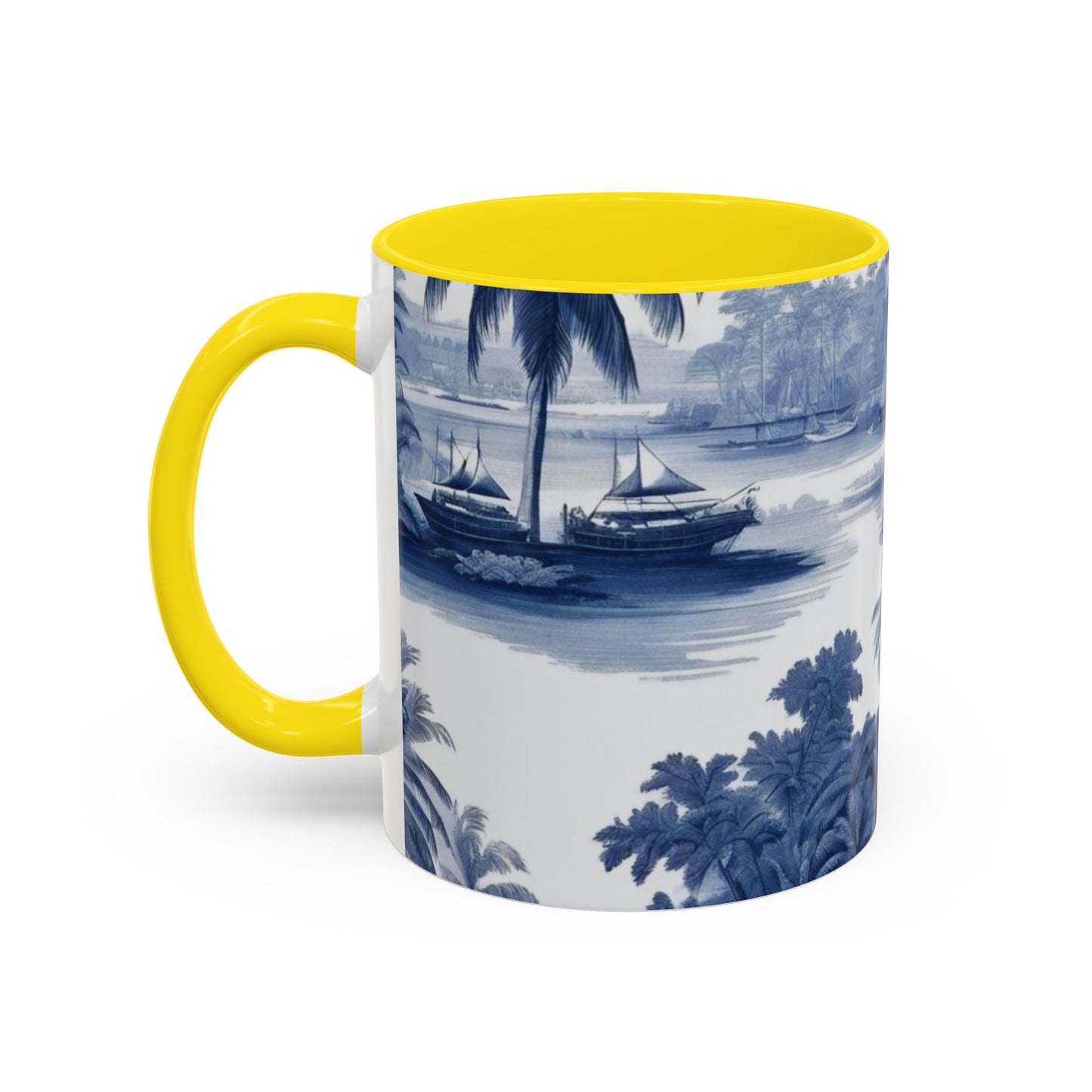 Accent Coffee Mug (11, 15oz), 8 Colors - Tropical Toile Blue/White