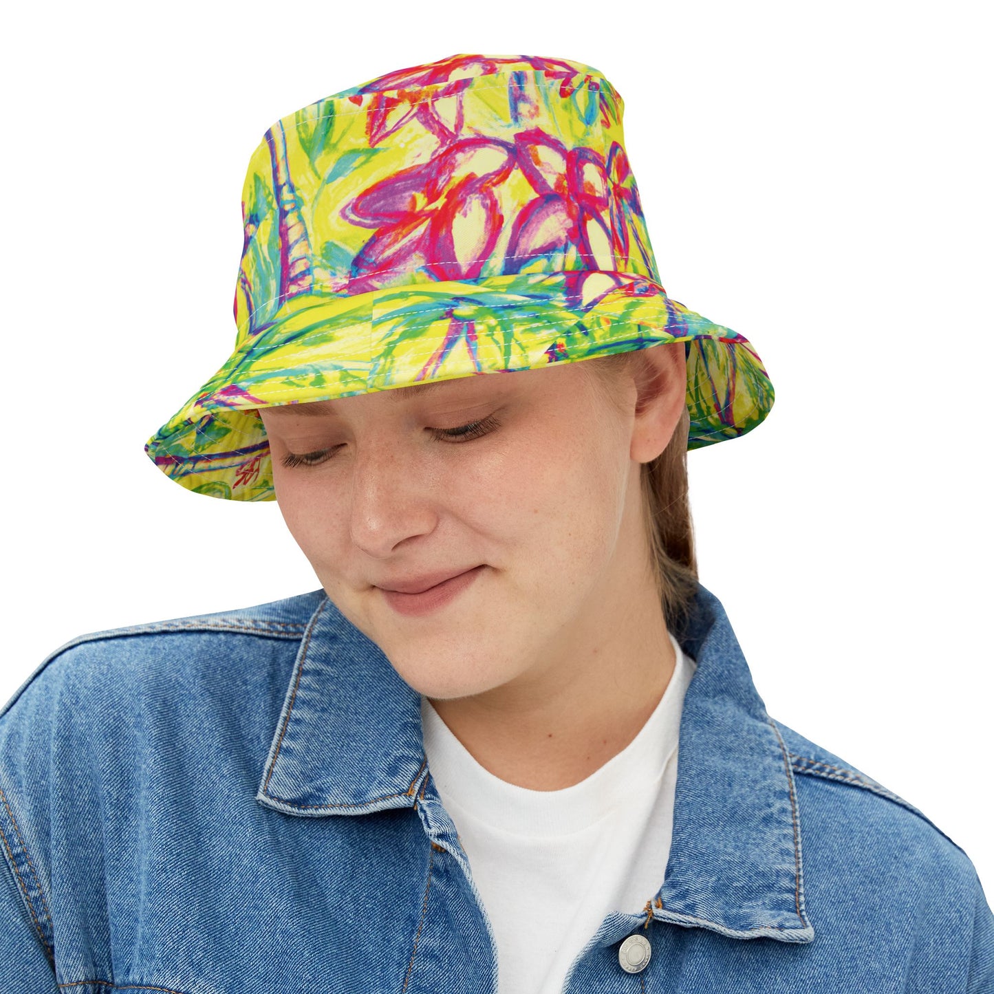 Tropical Polyester Bucket Hat, 2 Sizes - Tropical Doodles/Yellow