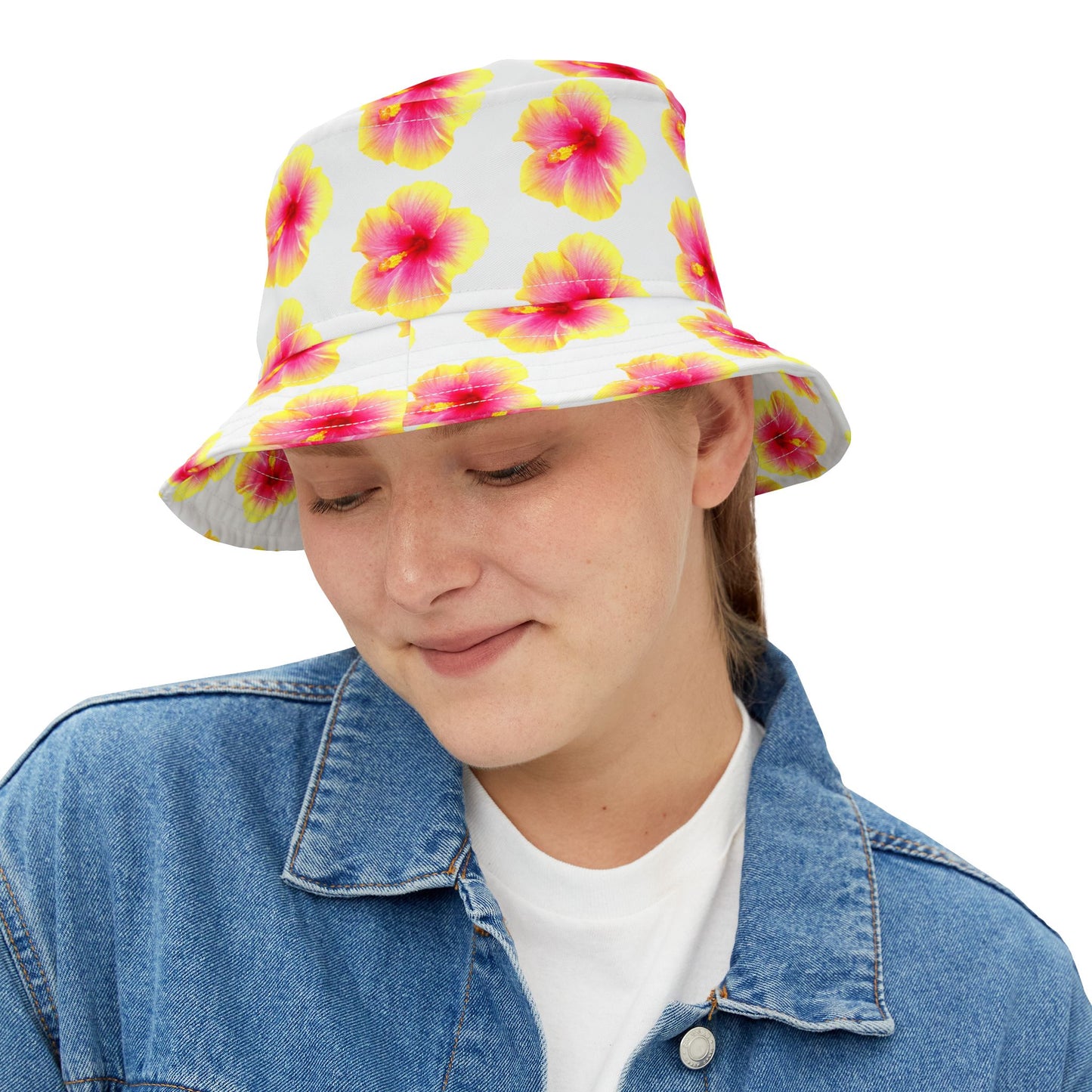 Tropical Polyester Bucket Hat, 2 Sizes - Hibiscus Flower/Yellow