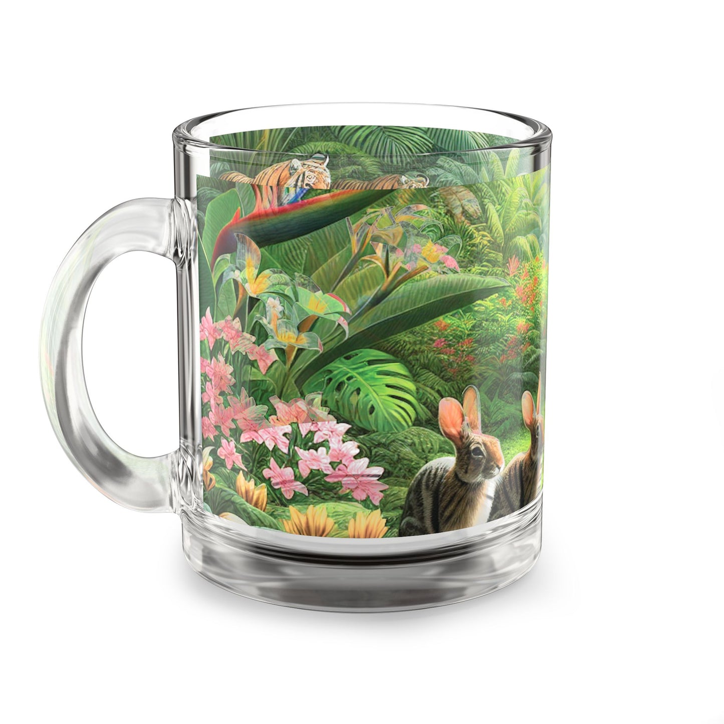 Tropical Glass Mug - 10oz Coffee Cup / Hidden Rabbits