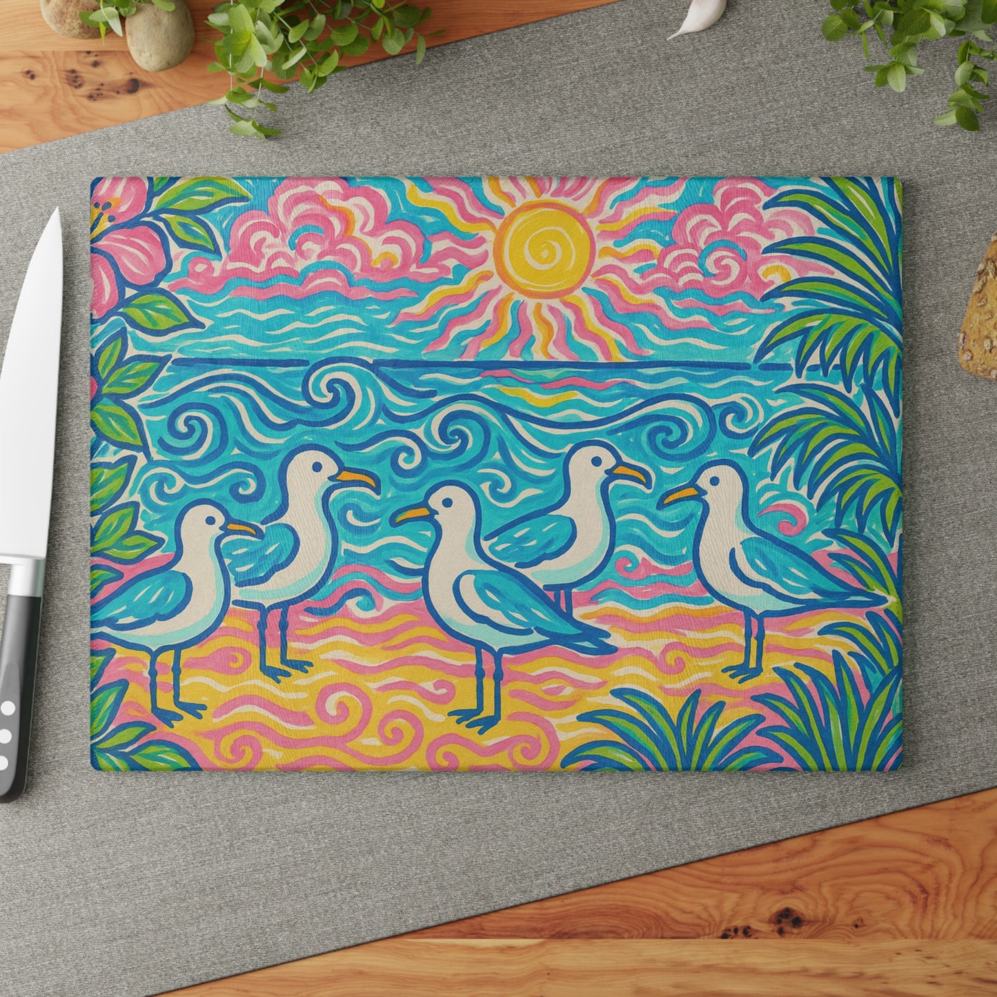 Glass Cutting Board, 2 sizes - Tropical Beach Seagulls