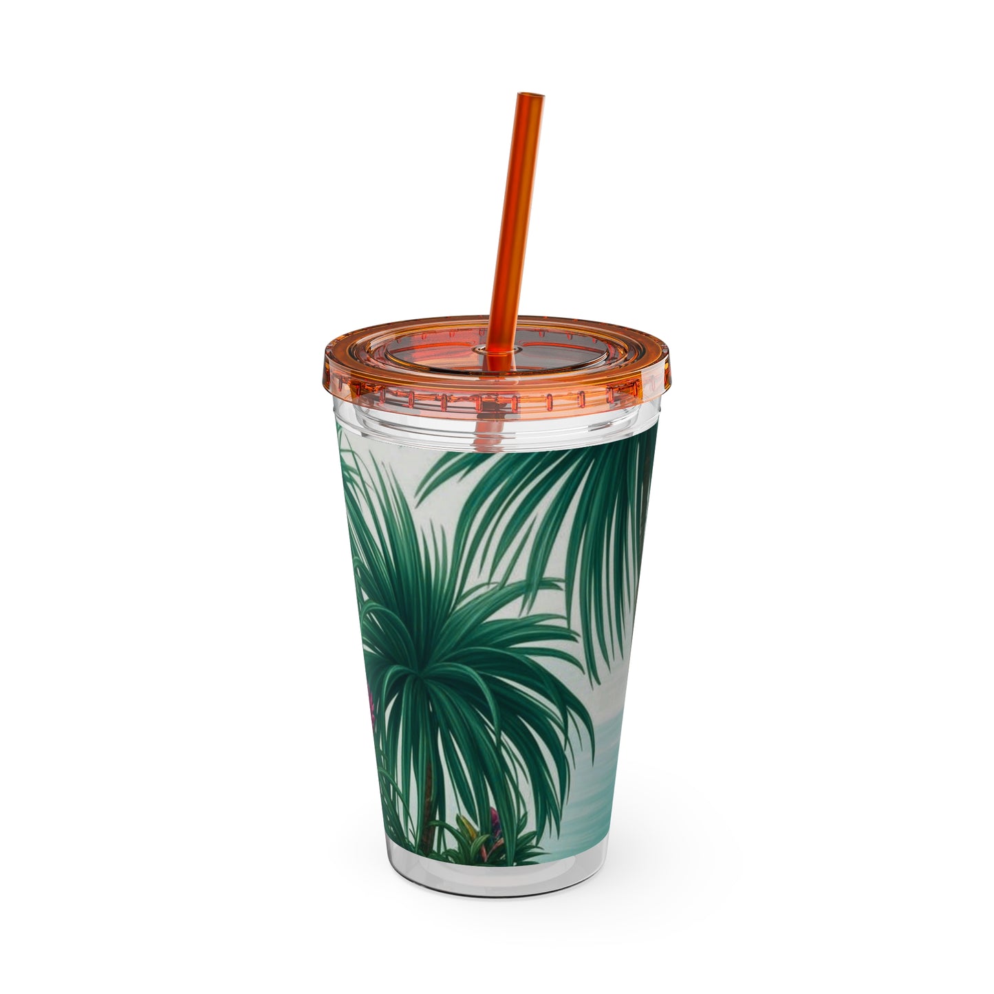 Tropical Tumbler with Straw | 16oz Colorful Travel Cup / Tiny Palm Island