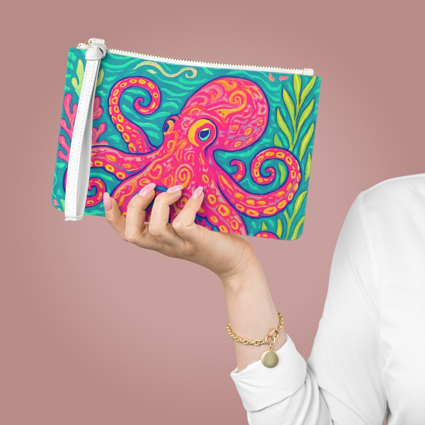 Tropical Faux Leather Clutch Bag - Perfect for Beach Adventures & Summer Vacations / Octopus Kraken Joe, Red