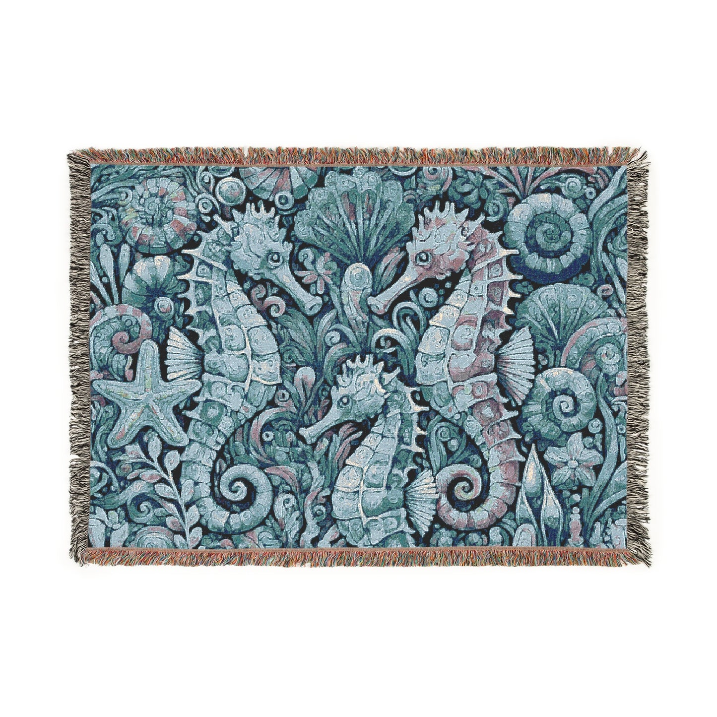 Woven Blanket, 3 Sizes - Tropical Home Decor / Seahorse Trio, Blue