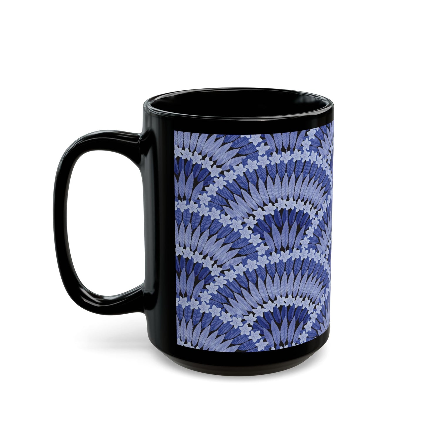 Black Mug (11oz, 15oz), Plumeria and Palms, Navy Blue