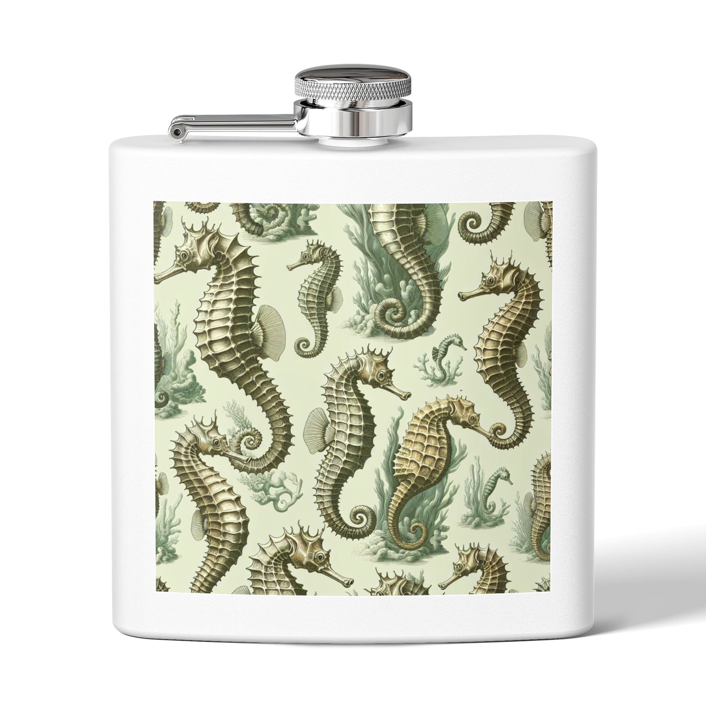 Tropical Stainless Steel 6 oz. Flask, Many Colors  – Green Toile Seahorses