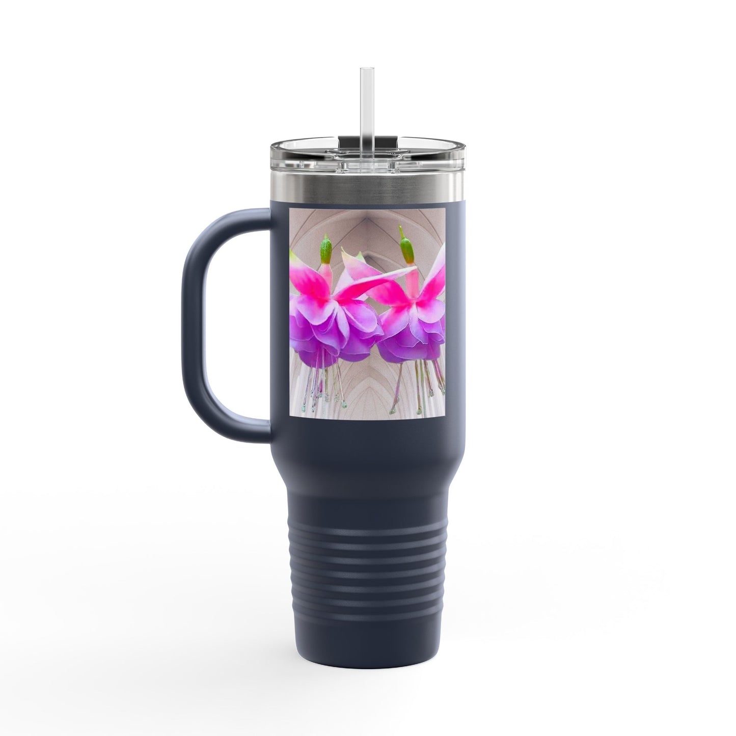Insulated Travel Mug, 40oz / Floral Two Fuchsias, Gothic - Perfect for Outdoor Adventures