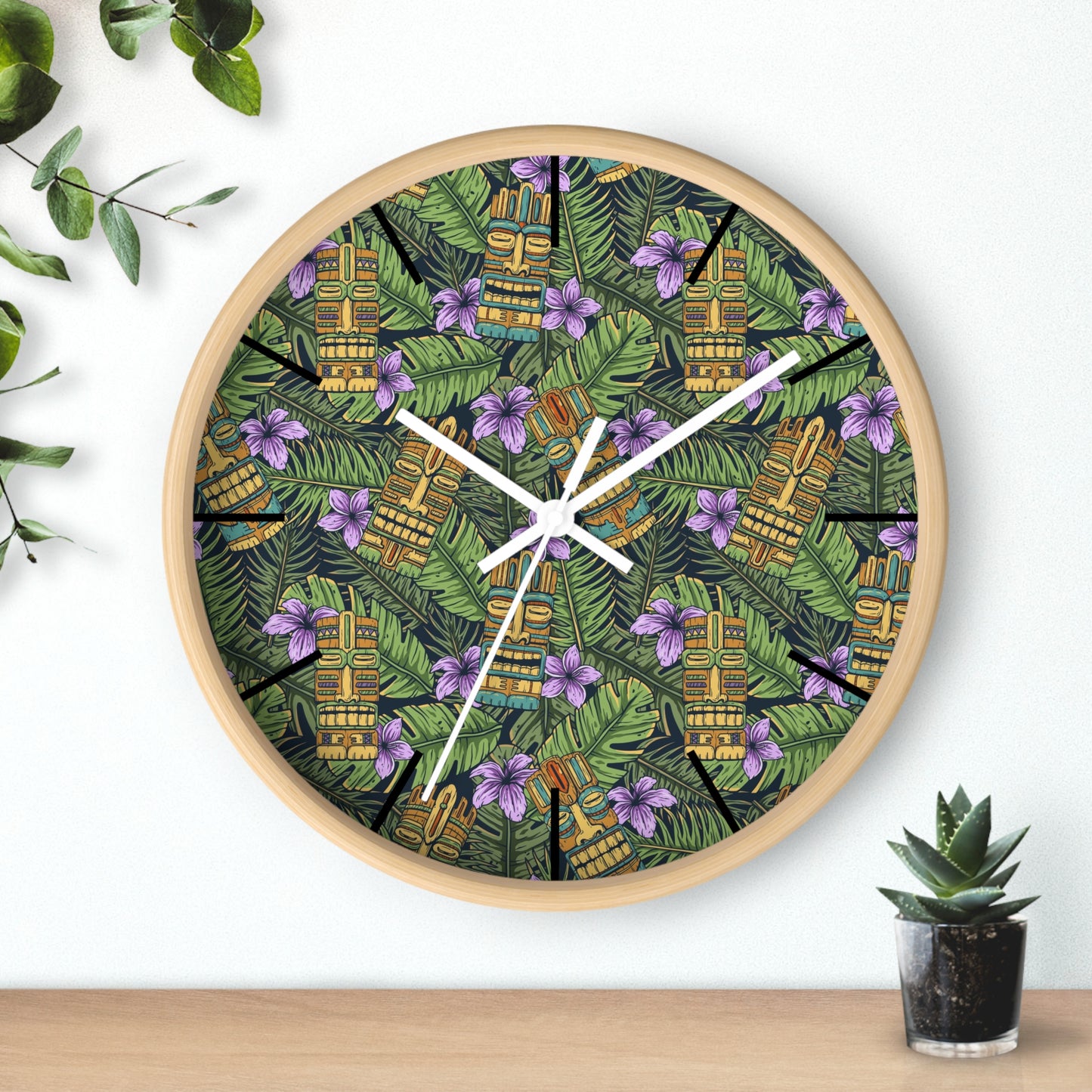 Wall Clock - Tiki Greenery, Black Hour Marks