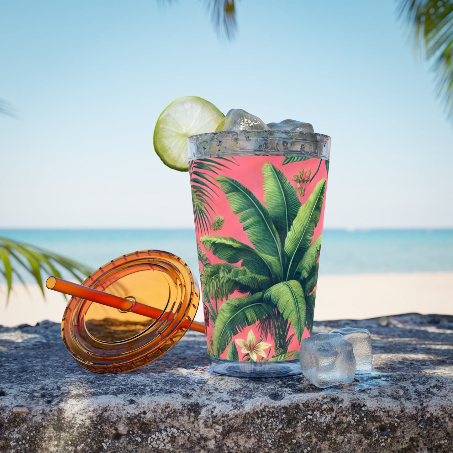 Tropical Tumbler with Straw | 16oz Colorful Travel Cup / More Tropical Fruit, Coral