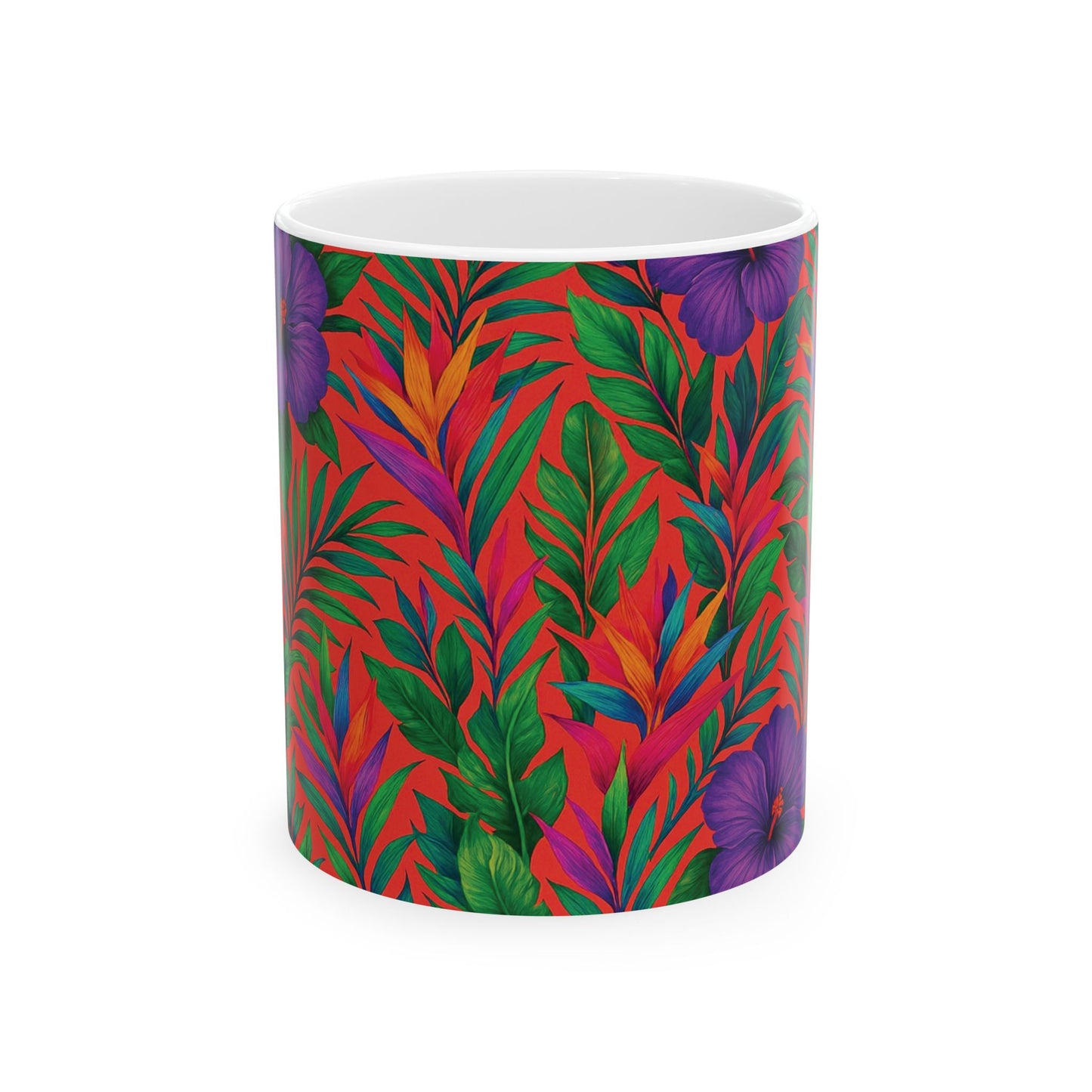 Ceramic White Mug - 11oz & 15oz, Midnight Flower Coral