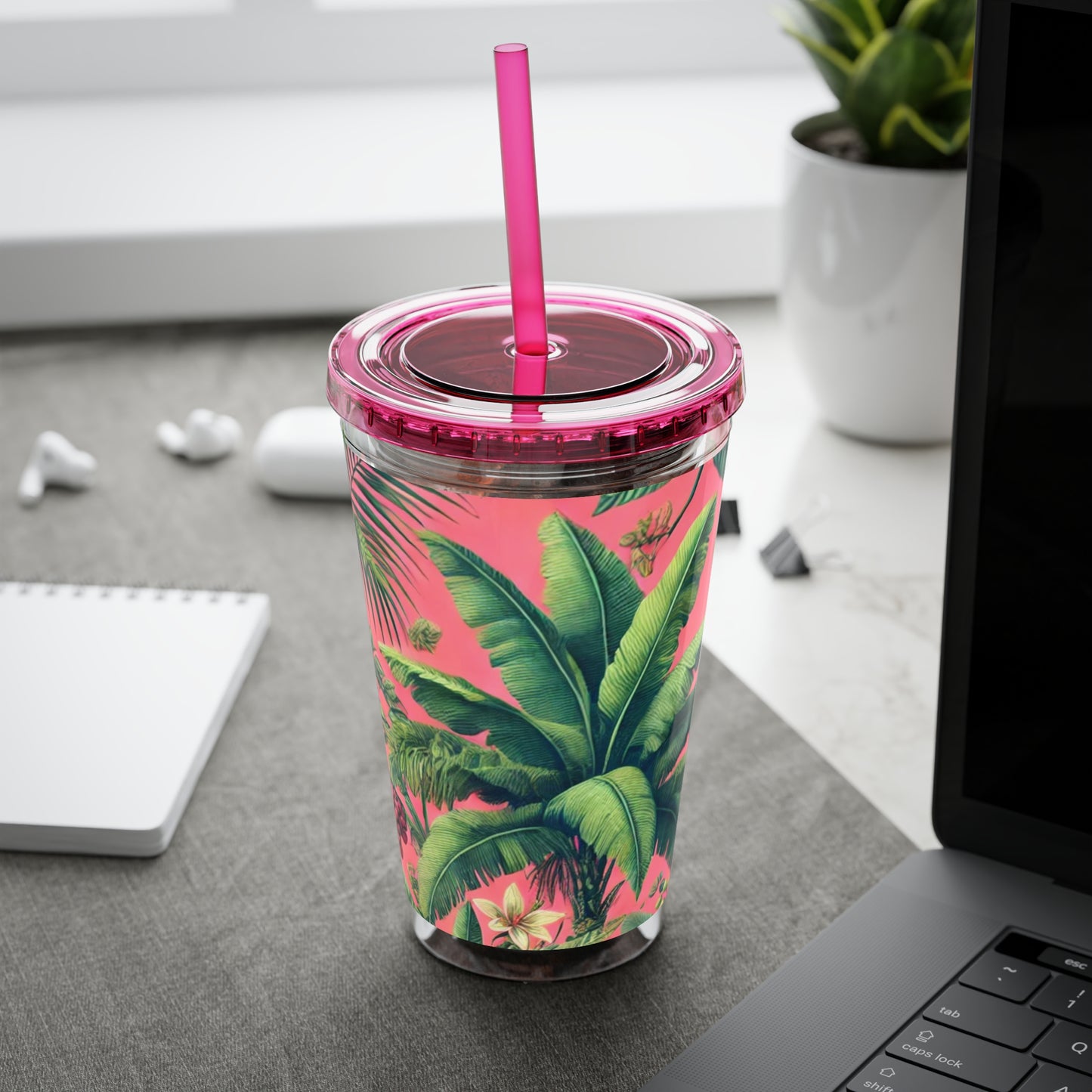 Tropical Tumbler with Straw | 16oz Colorful Travel Cup / More Tropical Fruit, Coral
