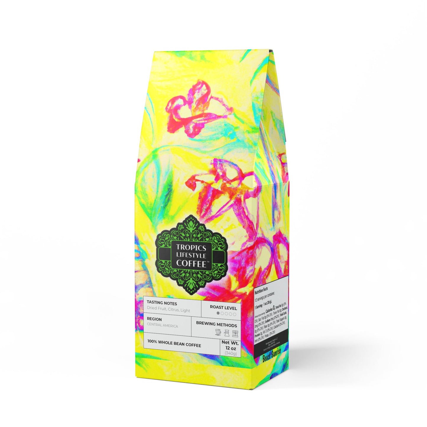 Beach Sunrise Blend™ (Light Roast) Specialty Grade Craft Coffee / Tropical Doodles, Yellow