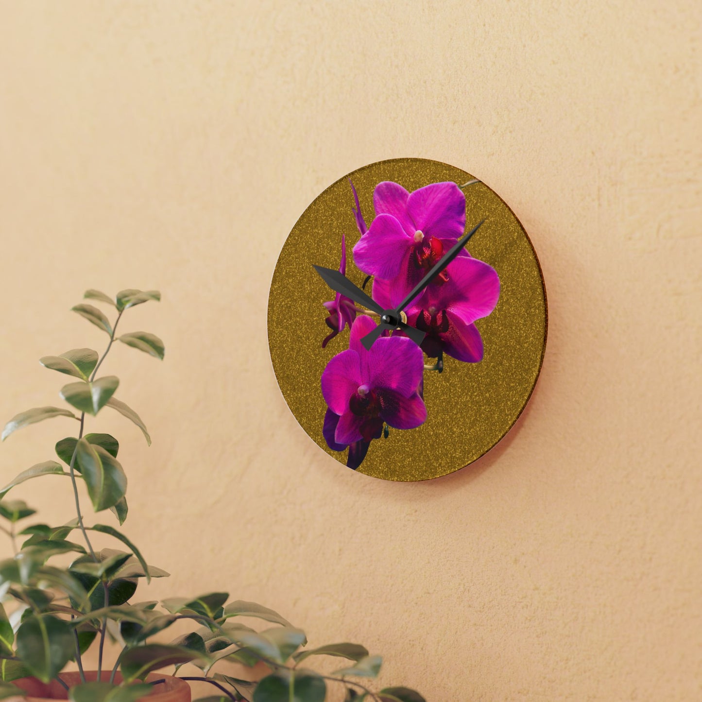 Acrylic Wall Clock - Purple Orchids/Gold, Various Sizes