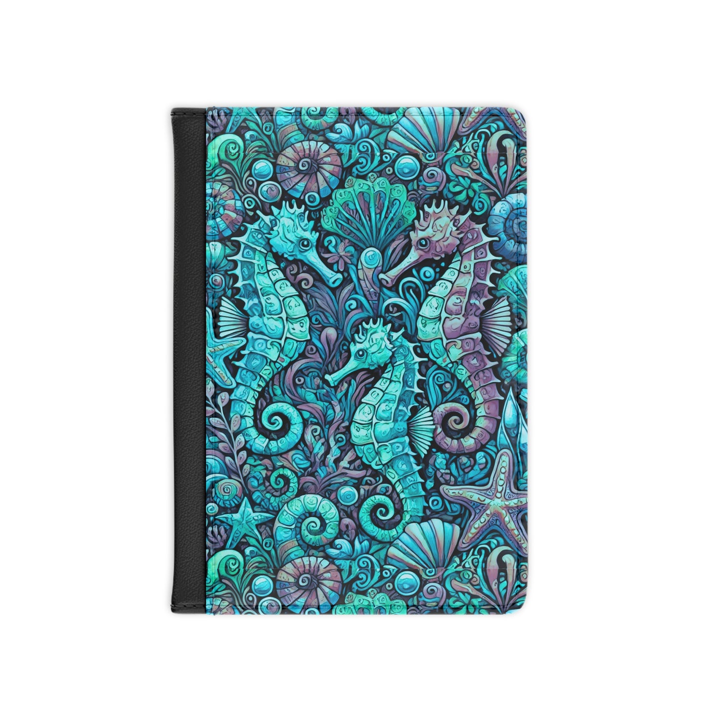 Tropical Passport Cover, Faux Leather - RFID blocking for travel security / Seahorse Trio, Turquoise