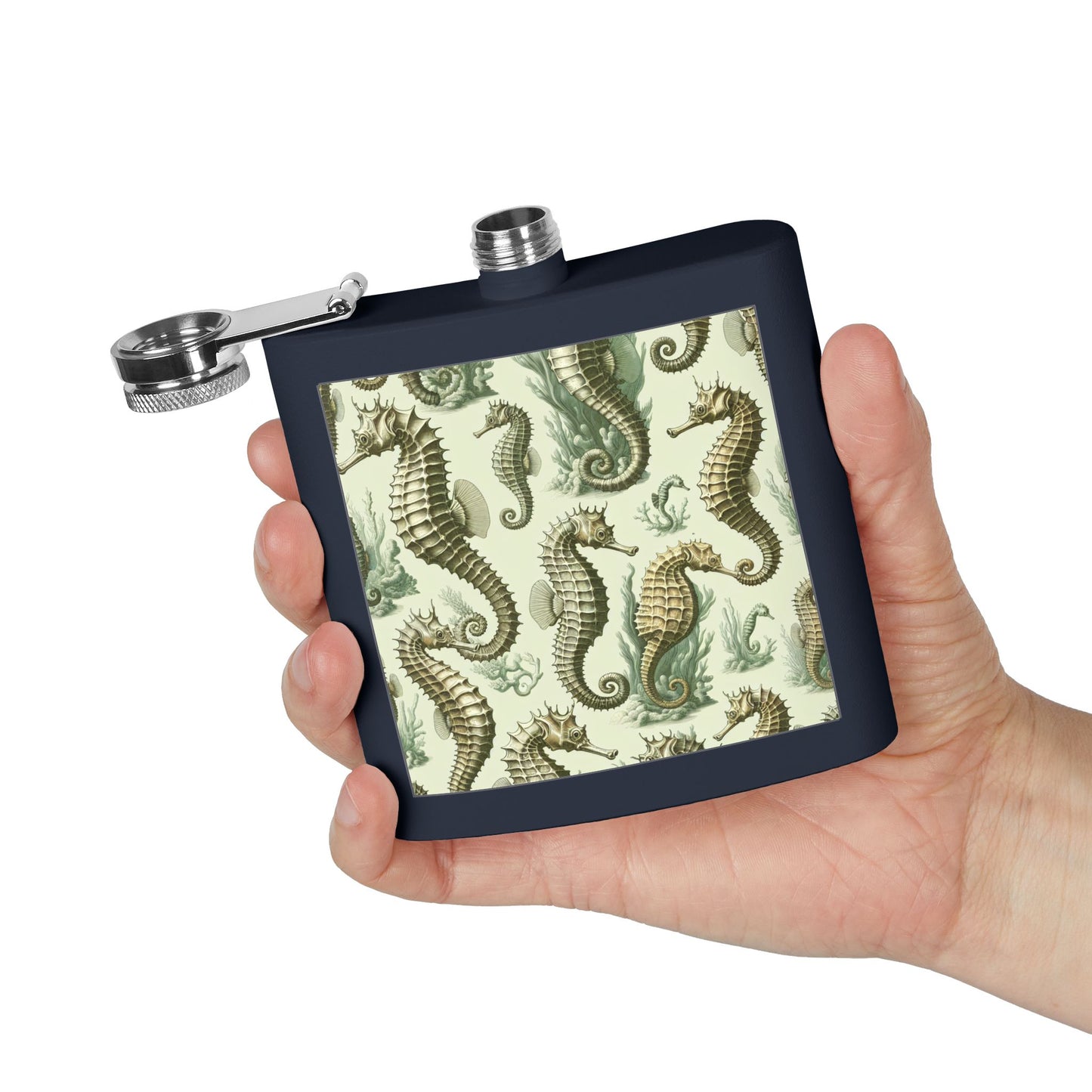Tropical Stainless Steel 6 oz. Flask, Many Colors  – Green Toile Seahorses