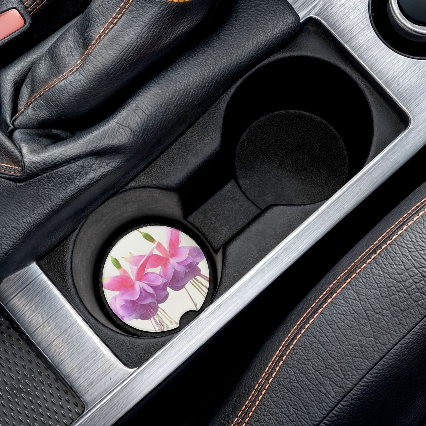 Soapstone Car Coaster - Two Fuchsias, White