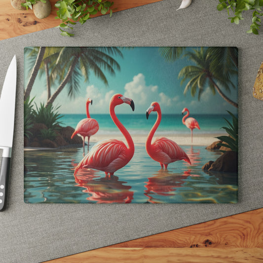 Glass Cutting Board, 2 sizes - Flamingo Morning Dip