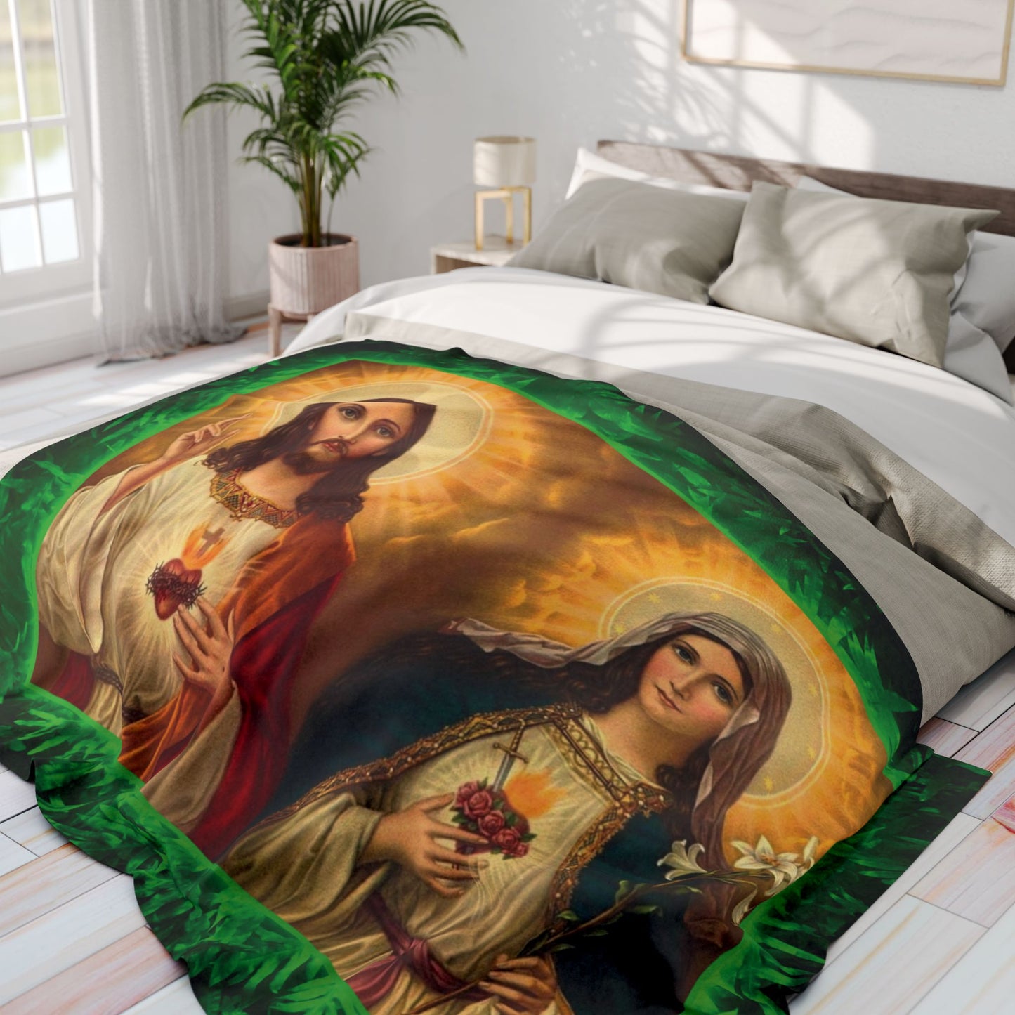 Jesus and Mary Religious Fleece Blanket - Colorful Tropical Glow Design