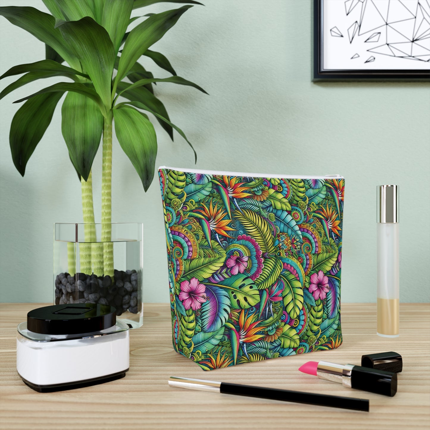 Tropical Cotton Cosmetic Bag, Makeup Pouch, 5 Sizes / Rainforest Blooms