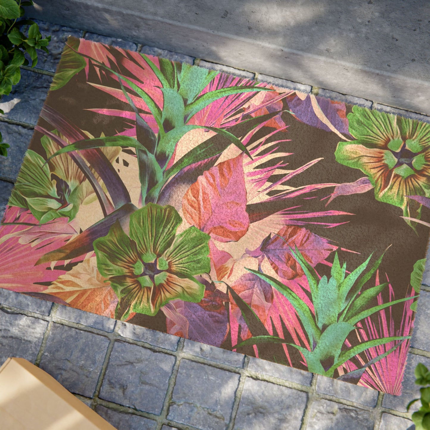 Botanical Floral Doormat / Vibrant Coconut Fiber Entrance Mat / Plant-Palooza, black