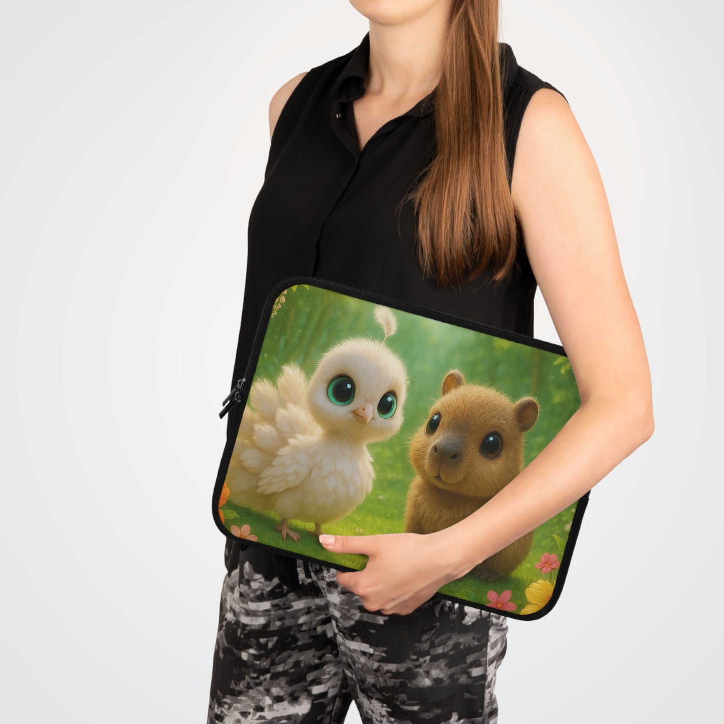 Tropical Laptop Sleeve, 5 Sizes - Perfect for Beach Lovers & Students / Baby White Peacock and Baby Capybara