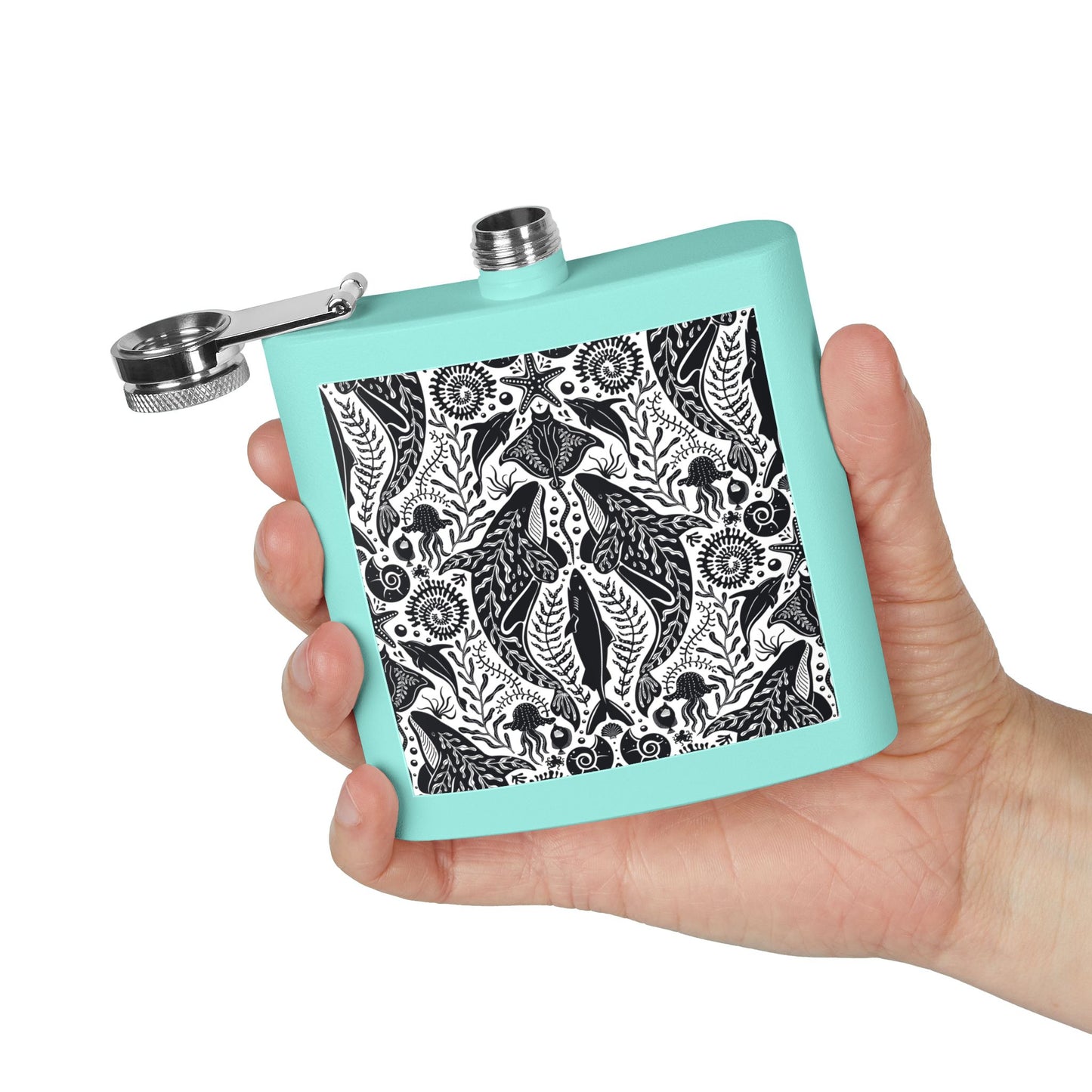 Tropical Stainless Steel 6 oz. Flask, Many Colors  – Mystic Ocean, Black/White