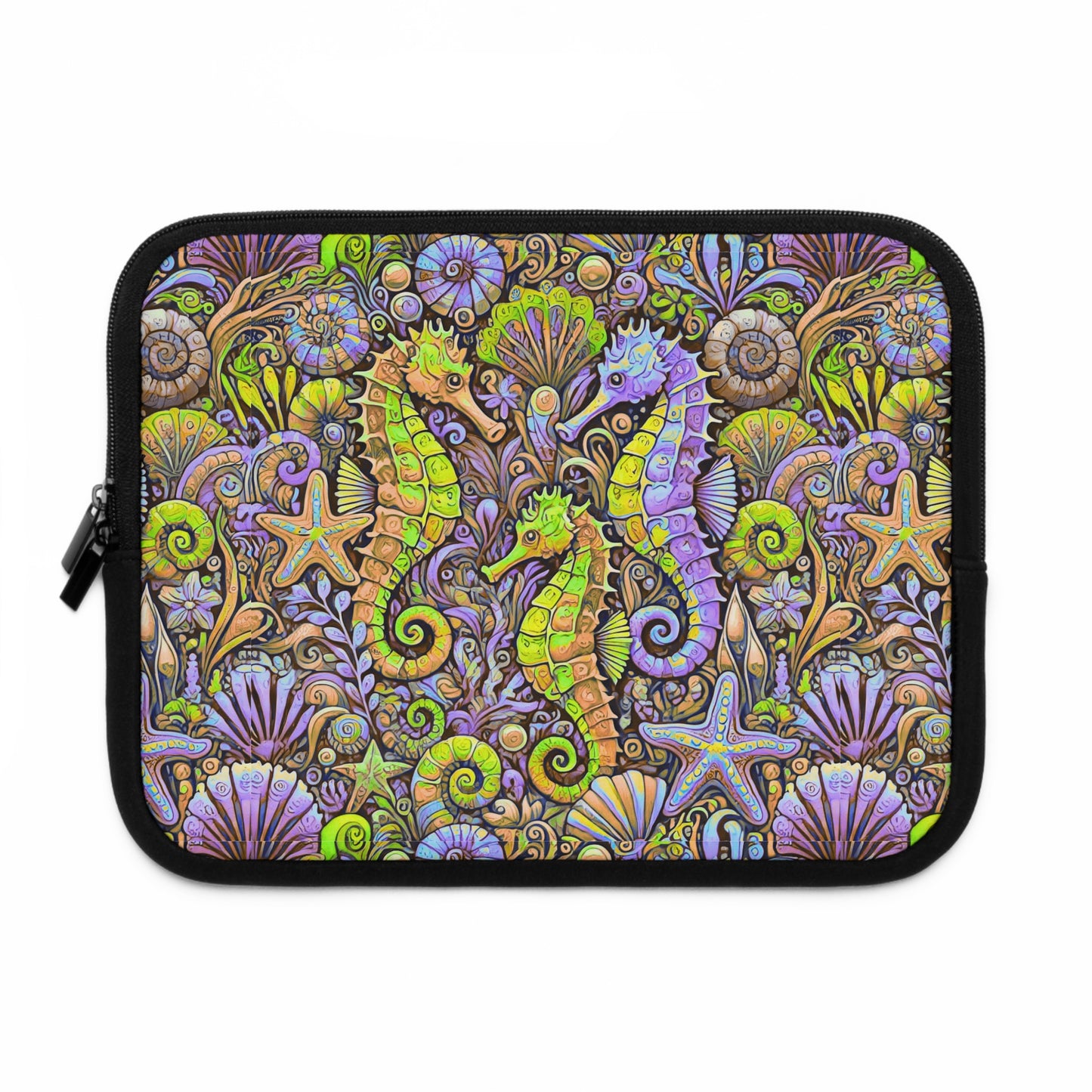 Tropical Laptop Sleeve, 5 Sizes - Perfect for Beach Lovers & Students / Seahorses, Yellow and Purple