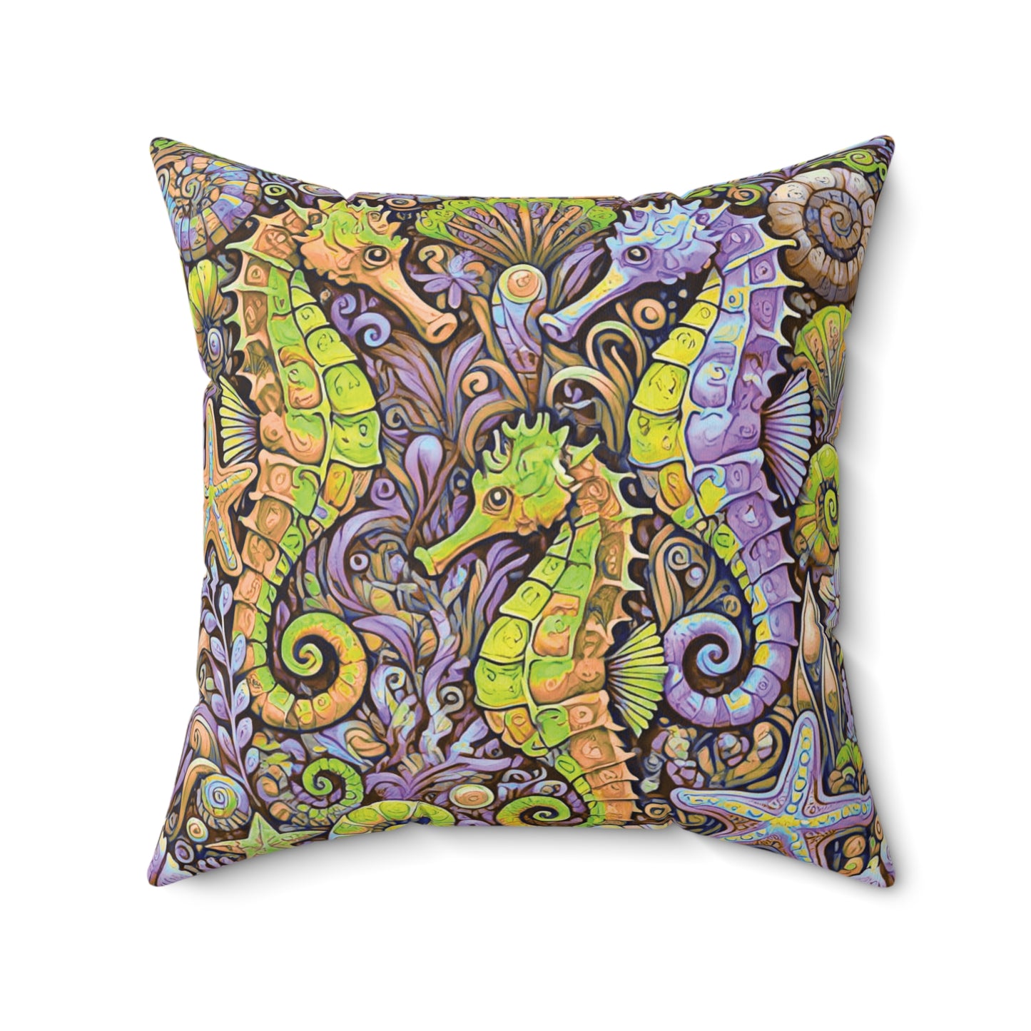 Decorative Pillow - Accent Cushion, 4 Sizes / Seahorse Trio, Yellow and Purple
